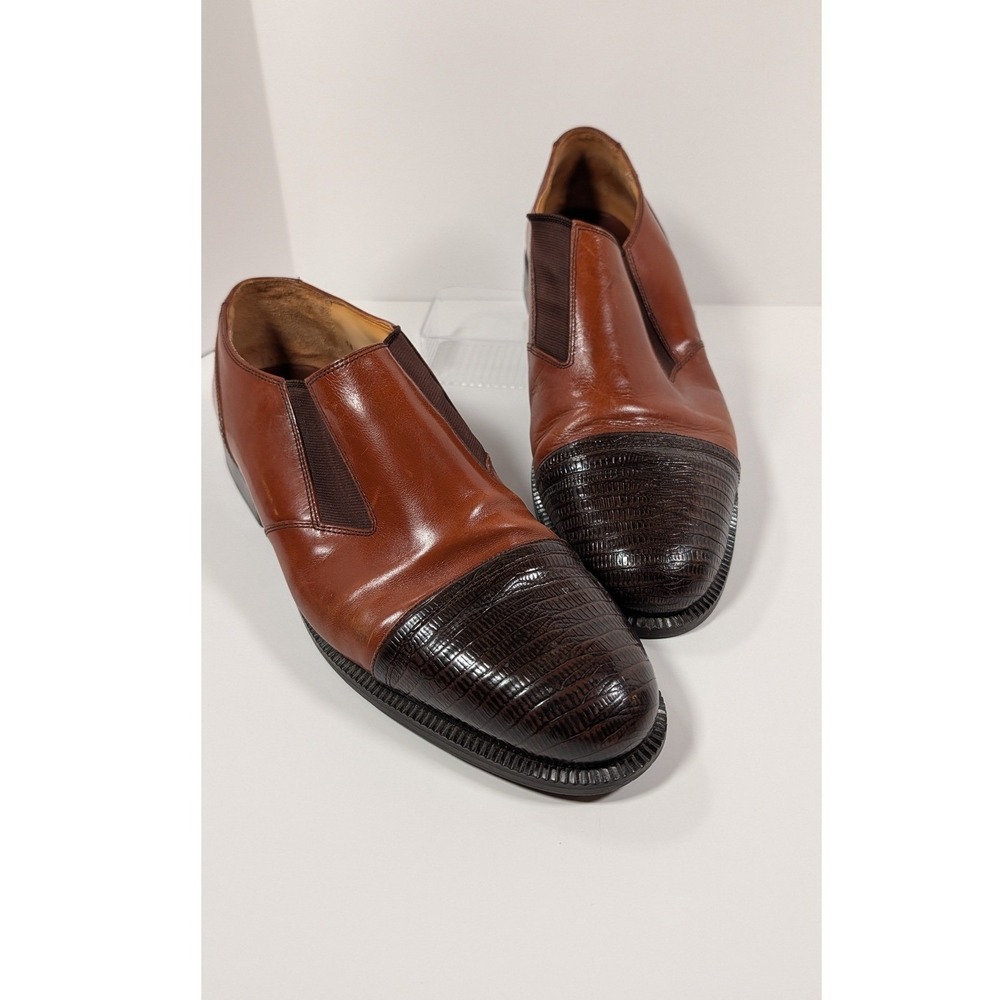Stanley Blacker Mens 15 M Italy Leather Lizard Cap Toe Slip On Loafers Brown